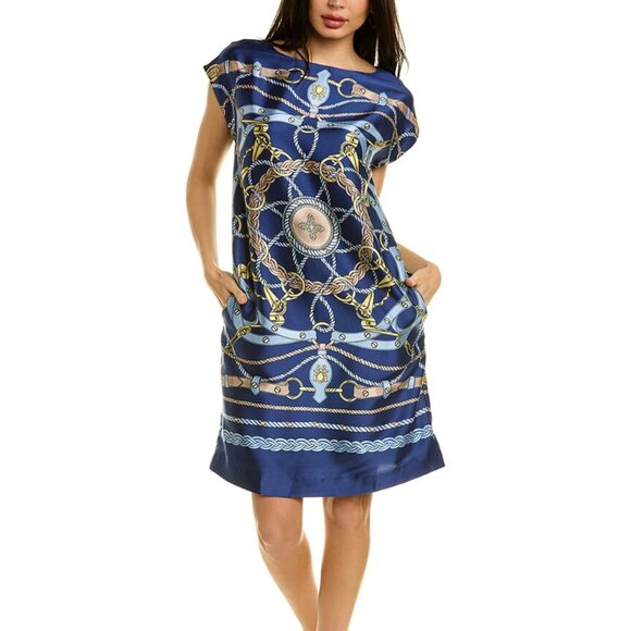 J. McLaughlin Althea Blue Equestrian Print Boatneck Shift Dress XS Cap Sleeve - Picture 1 of 9